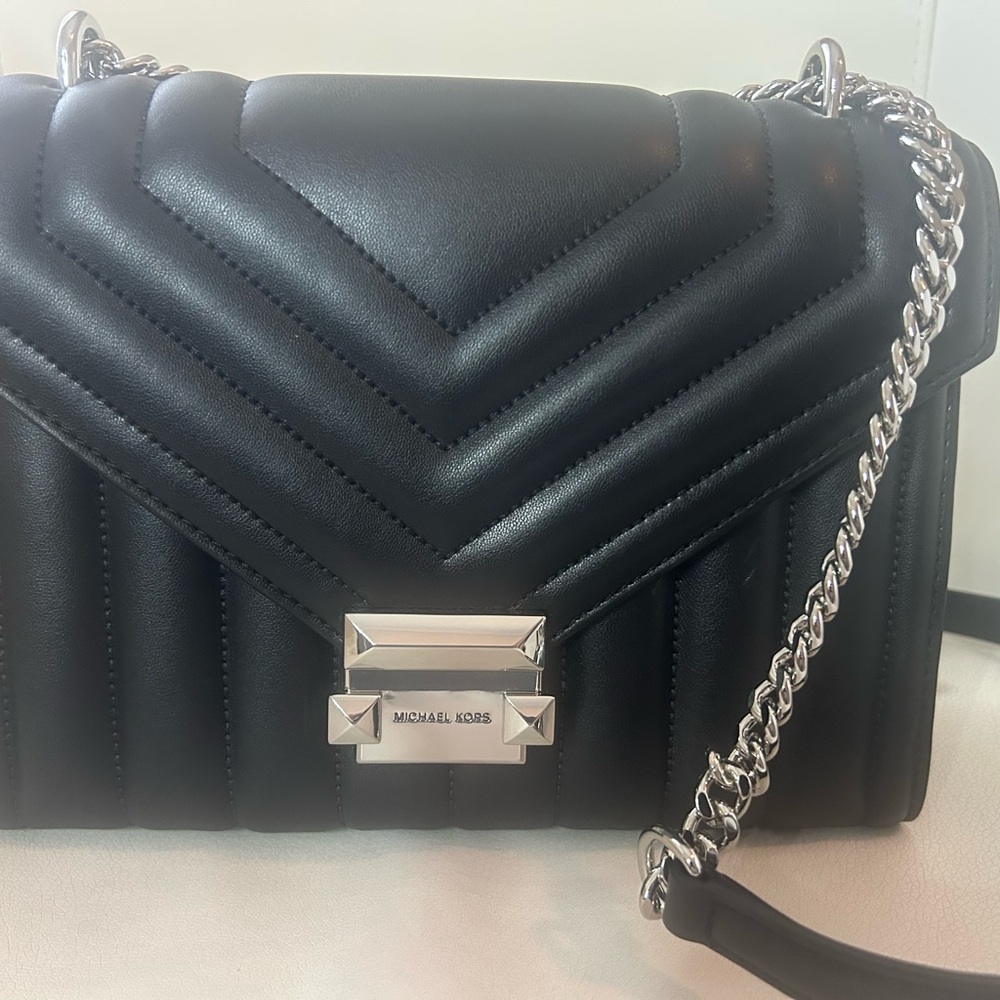 Michael Kors Black Quilted Chain Shoulder Bag Silver Hardware NOT Gold